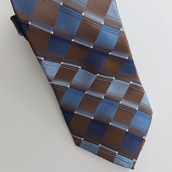 Calvin Klein Men's Necktie Print Silver Brown Squares 58 X 3.5" W  100% Silk NWT - Picture 1 of 10